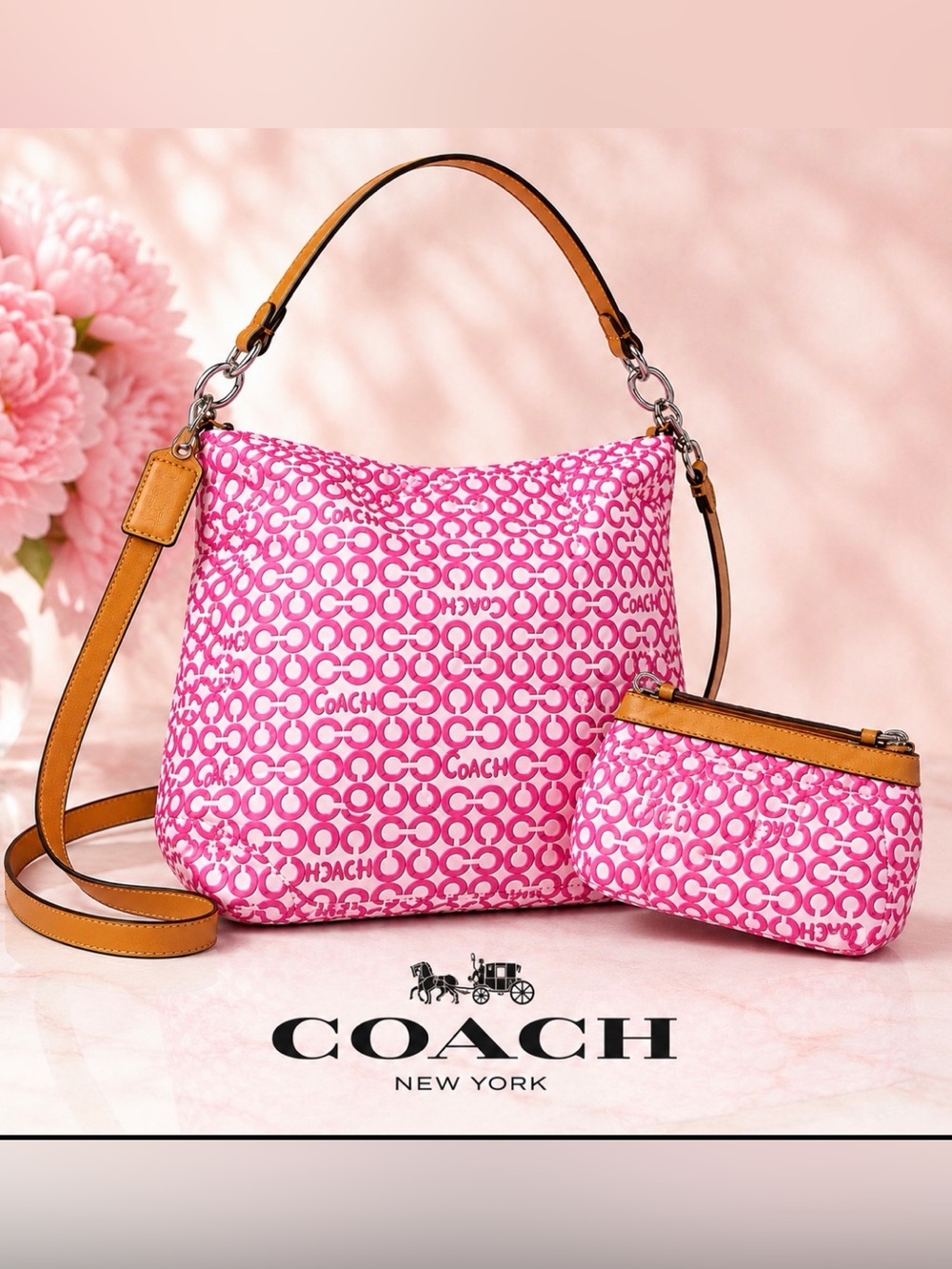 Coach Pink Signature C Monogram Hobo Shoulder Bag Wristlet Set Y2K Barbiecore